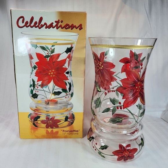 Celebrations Other - Celebrations Poinsettia Hurricane Candle Holder Glass 10" Christmas 2pc with Box
